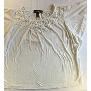 80 Park Women's White Solid Lace Yoke Round Neck Cap Sleeve Blouse XL